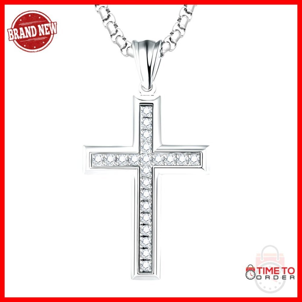 Stainless Steel Cross Necklace with 24 Inch Chain, Religious Pendant